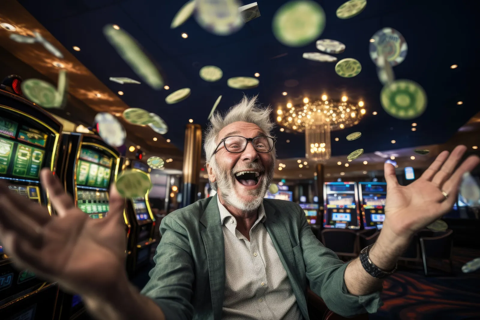 A smiling gray-haired man raises his hands amid floating coin-like objects in a room lined with slot machines.