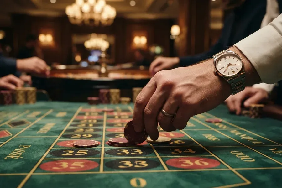 A hand wearing a wristwatch places chips on a green numbered casino table.
